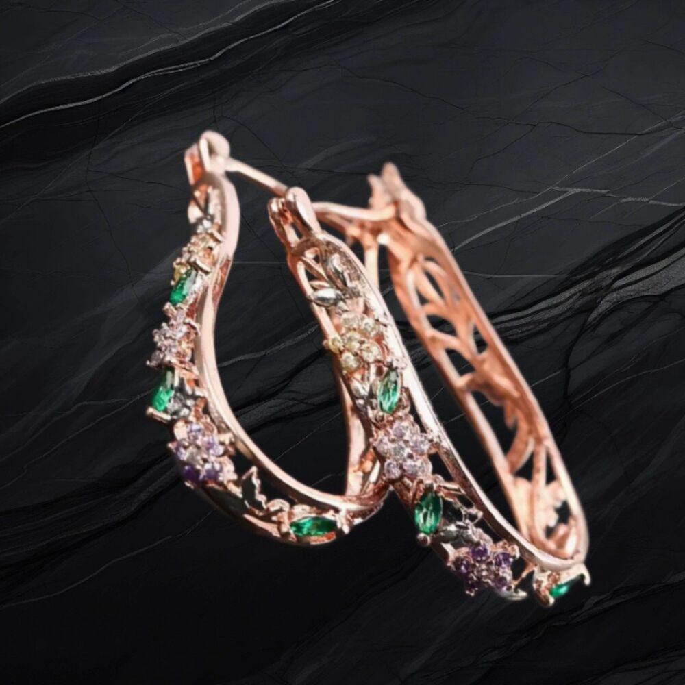 Horseshoe Shaped Gold Earrings Rhinestone Flowers Safety Hook